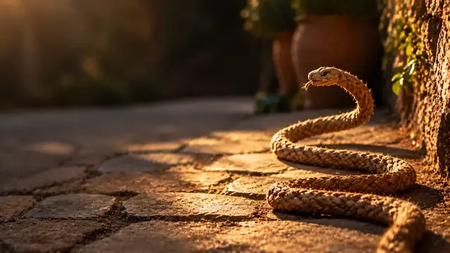 Cuerda enrollada sobre un camino de piedra con luz cálida y sombras marcadas, que recuerda la forma de una serpiente