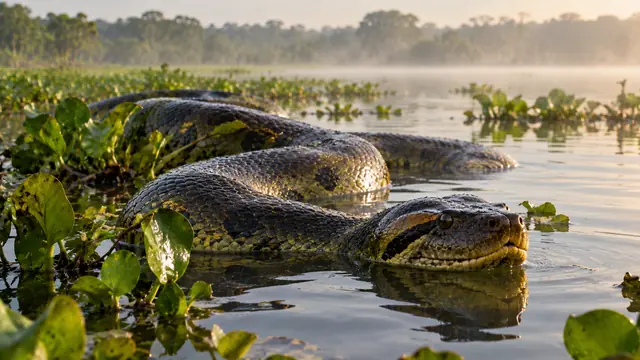 Sucuri enorme parcialmente submersa num rio calmo do Pantanal, entre aguapés, com a cabeça fora da água e a luz suave da manhã refletindo na superfície