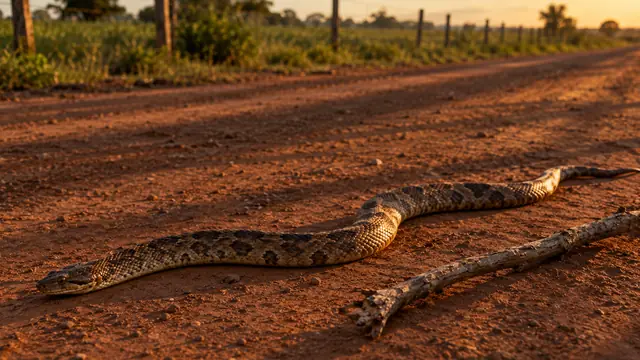 Motionless snake stretched out on a dirt road in the countryside, with no wounds, a dry stick beside it and long shadows in the soft late afternoon light