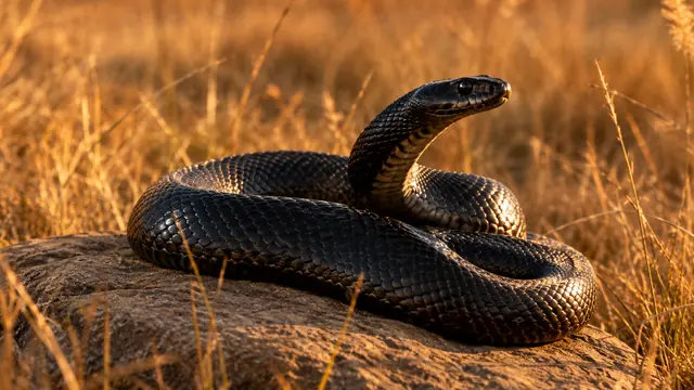 Cobra preta de escamas brilhantes enrolada sobre uma pedra lisa num campo de capim seco, iluminada pela luz baixa e dourada do fim de tarde