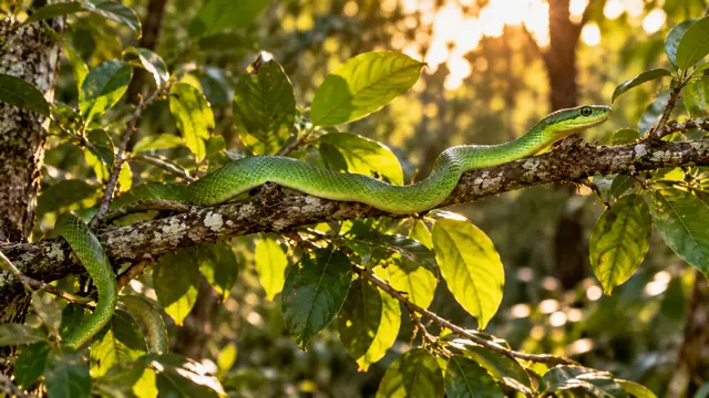 Thin green snake stretched along a leafy tree branch in the forest, with soft late-afternoon light filtering through the foliage