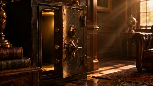 Cofre antigo de metal com a porta entreaberta numa sala com móveis de madeira, livros e poltrona de couro, sob luz dourada