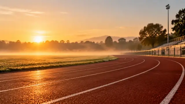 Empty running track at sunrise with long shadows and low mist over the grass