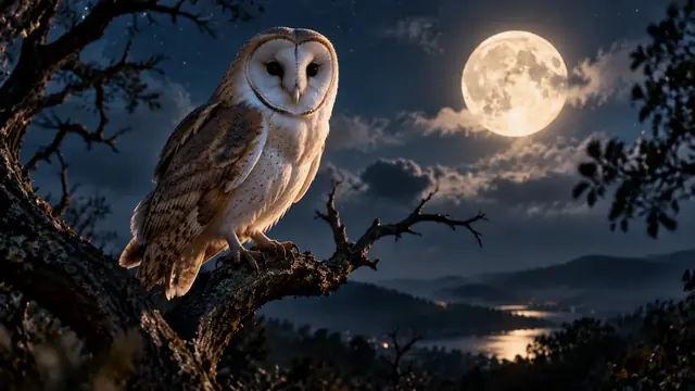 Coruja-das-torres branca pousada num galho seco à noite, iluminada pela lua cheia, com olhos escuros voltados para a frente
