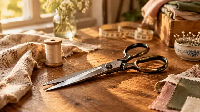 Tesoura grande, carretel de linha, fita métrica, alfineteiro e retalhos de tecido estampado sobre uma mesa de madeira de ateliê, com luz da janela