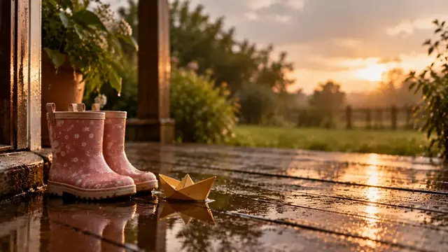 Botas de chuva infantis rosa e um barquinho de papel em uma varanda de madeira depois da chuva, sem crianças
