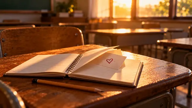 Open notebook on a wooden school desk, with a folded note showing a small drawn heart and a pencil, in a classroom with golden light
