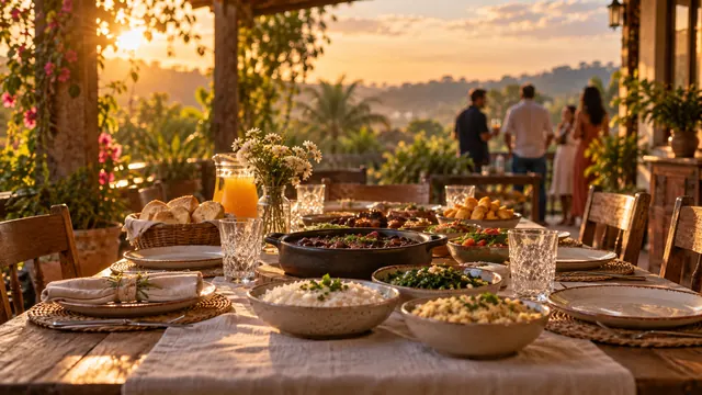 Mesa de madeira posta para um almoço de família numa varanda ao entardecer, com pessoas desfocadas ao fundo, vistas de costas