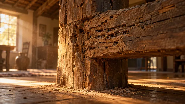 Primer plano de una viga de madera gastada con túneles de termitas y aserrín fino, iluminada por una luz lateral cálida en una casa antigua
