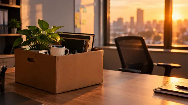 Cardboard box with a mug, a small plant and notebooks on an empty office desk, chair pushed back and late afternoon light coming through the window