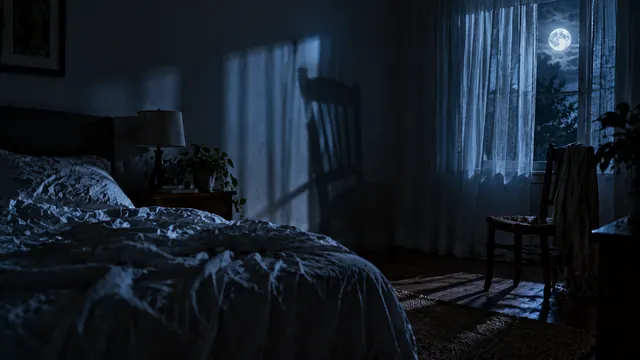 Quarto escuro iluminado apenas pela luz azulada da lua que entra pela cortina, com a sombra alongada de uma cadeira na parede e lençóis brancos desfeitos