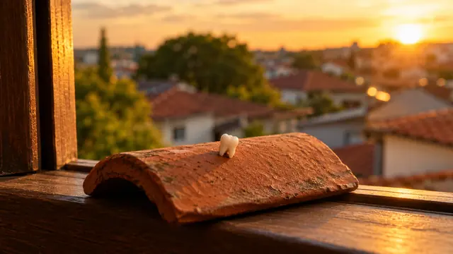 Pequeno dente de leite sobre uma telha de barro no parapeito de uma janela, telhados de casas ao fundo e luz dourada de fim de tarde