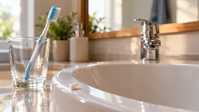 Pia de banheiro de porcelana branca com um pequeno fragmento de dente na borda, escova dentro de um copo de vidro e luz suave da manhã vinda da janela