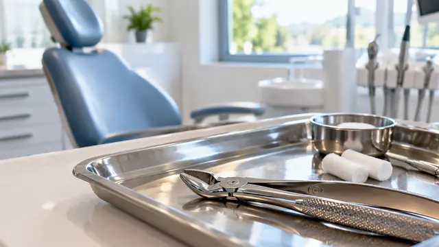 Bandeja de inox de consultório odontológico com fórceps e rolinhos de algodão, cadeira de dentista vazia desfocada ao fundo e luz natural entrando pela janela