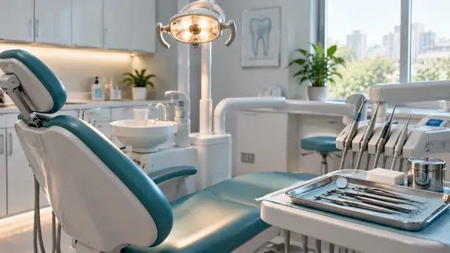 Cadeira de consultório odontológico vazia e iluminada por luz suave, com instrumentos organizados ao lado e janela clara ao fundo