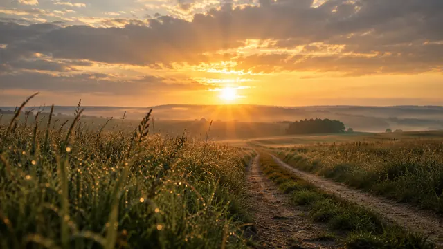 Raios de sol atravessando nuvens sobre um campo aberto ao amanhecer, com uma trilha de terra ao centro