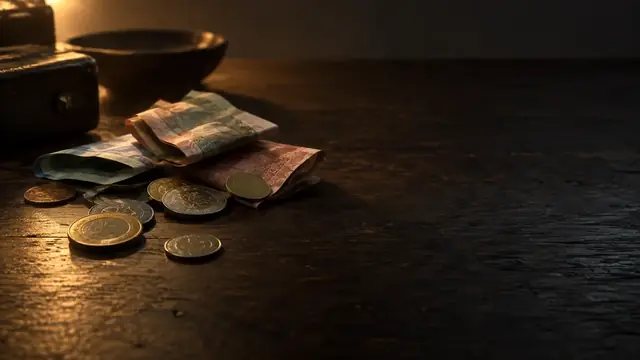 Folded banknotes and coins scattered on a dark wooden table under warm, soft light