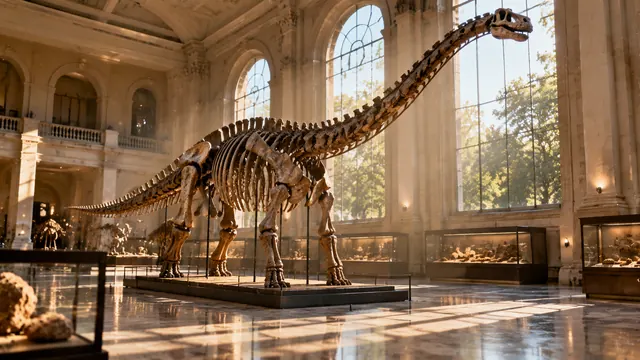 Esqueleto fósil de un dinosaurio de cuello largo en una sala de museo con luz natural que entra por ventanales altos, sin personas