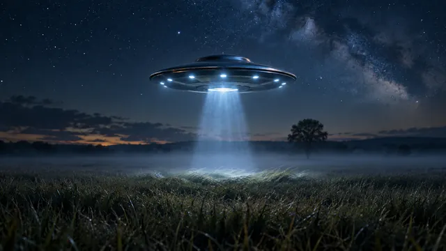 Disco voador prateado pairando sobre um campo aberto à noite, com luz azulada suave e névoa baixa sobre o capim