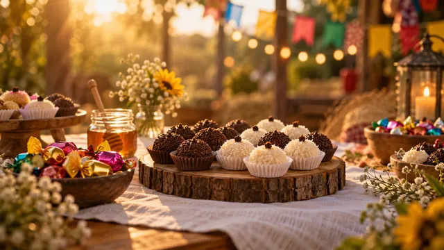 Mesa de festa com brigadeiros, beijinhos e balas coloridas em forminhas, iluminada por luz dourada suave e fundo desfocado