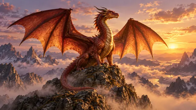 Dragão de escamas avermelhadas pousado no alto de uma montanha enevoada ao entardecer, com as asas abertas contra o céu dourado