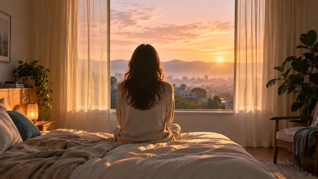 Pessoa sentada de costas na beira da cama, olhando a luz suave do amanhecer que entra por uma janela com cortina leve