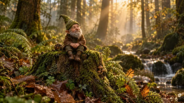Pequeno duende de gorro verde sentado num toco coberto de musgo entre samambaias de um bosque úmido, sob luz dourada e névoa leve