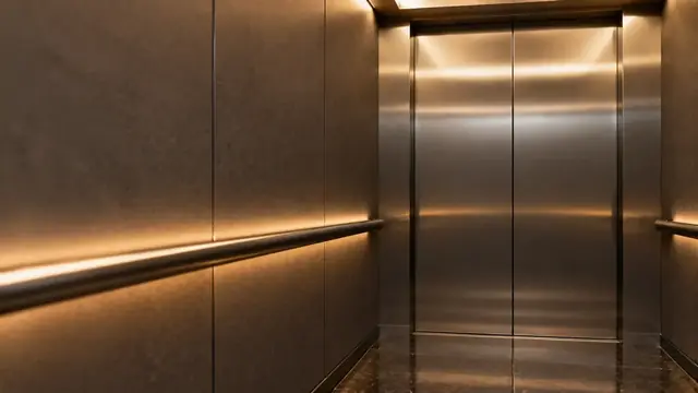 Interior de um elevador moderno vazio com luz suave, portas fechadas e tons neutros, sem textos nos botões
