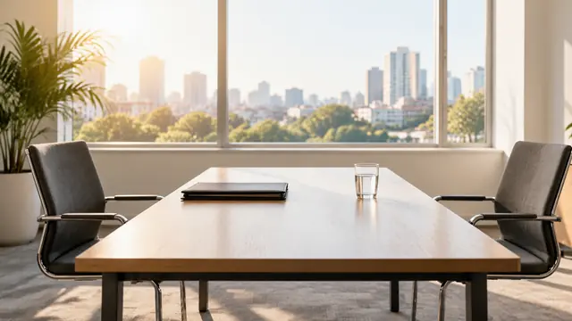 Two chairs facing each other in a bright meeting room, a document folder and a glass of water on the table, natural morning light coming through the window