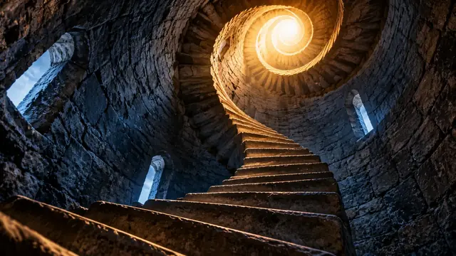 Escada em espiral de pedra subindo em direção a uma luz dourada no alto de uma torre escura