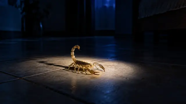 Pale yellow scorpion on a tile floor at night, lit by a flashlight beam, with a long shadow beside it