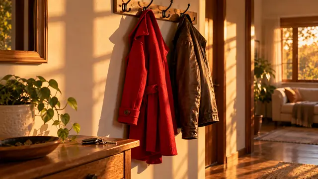 Casaco vermelho e jaqueta de couro marrom pendurados lado a lado em cabides na entrada de uma casa, com aparador de madeira, planta e luz dourada da tarde
