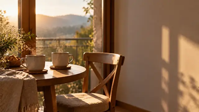 Duas xícaras de café sobre uma mesa pequena junto à janela com luz da manhã e uma cadeira ligeiramente afastada