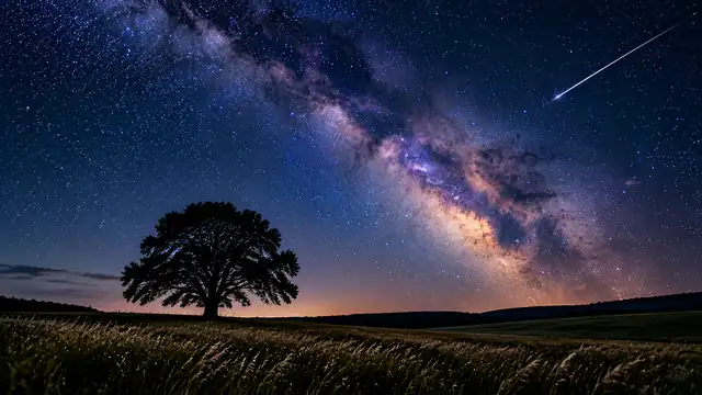 Céu estrelado com a Via Láctea sobre um campo escuro, com a silhueta de uma árvore solitária e uma estrela cadente