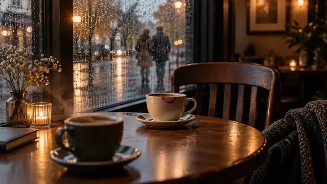 Two coffee cups on a café table in window light, one with a lipstick mark and the chair across empty