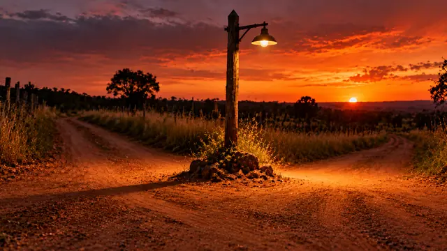 A crossroads of two dirt roads in the countryside at dusk, with a wooden post and a lit lamp at the junction and an orange sky in the background