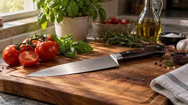 Faca de cozinha sobre uma tábua de madeira ao lado de ervas frescas e tomates, iluminada por luz natural lateral