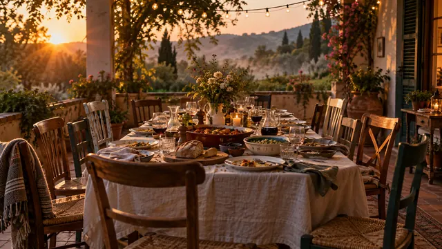 Mesa de jantar posta numa varanda ao entardecer, com pratos, copos e cadeiras vazias sob luzes amarelas suaves