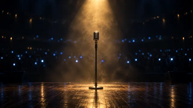 Palco vazio com um microfone antigo no pedestal, sob um único holofote dourado, névoa suave e luzes da plateia desfocadas ao fundo