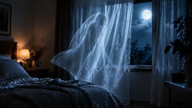Cortina branca e translúcida se movendo diante de uma janela aberta à noite, iluminada pela luz azulada da lua