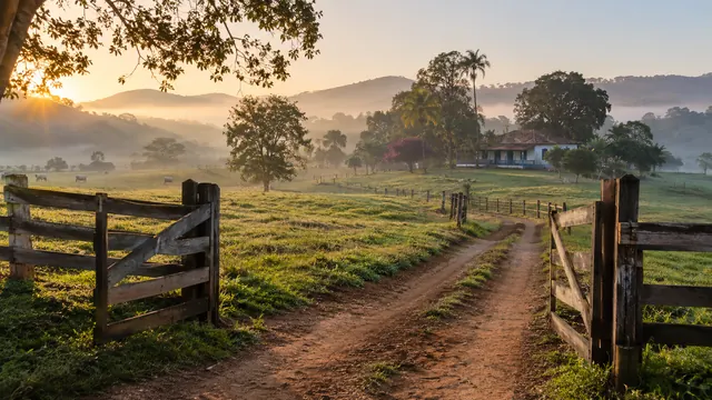 Wooden farm gate open onto a dirt road between green pastures, with a farmhouse and trees in the background under morning light