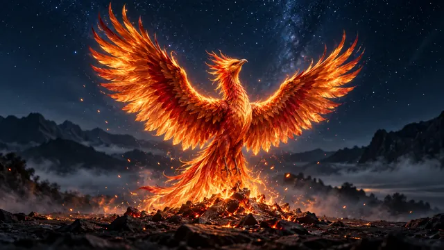 Ave mítica de penas incandescentes subindo de um monte de brasas, com asas abertas contra um céu noturno azulado