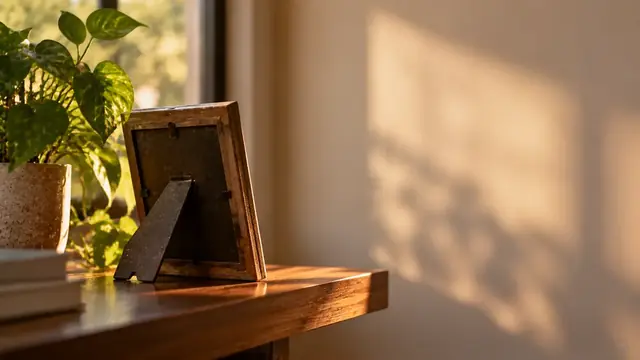 Porta-retrato virado sobre uma prateleira ao lado de uma planta com luz suave da janela, sem rostos visíveis