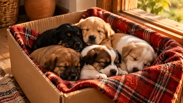 Litter of puppies with different coats sleeping together in a cardboard box lined with a plaid blanket, lit by soft afternoon window light