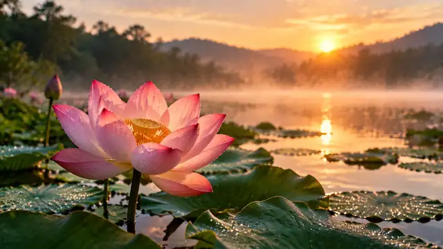 Flor de lótus rosa aberta sobre folhas num lago ao amanhecer, com névoa sobre a água e o sol nascendo atrás das colinas