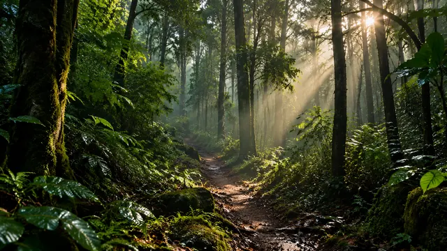 Narrow trail between tall trees in a dense forest, with beams of sunlight cutting through the morning mist and wet leaves on the ground