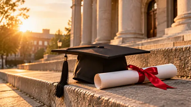 Capelo de formatura e diploma enrolado com fita vermelha sobre degraus de pedra de um prédio universitário, luz dourada de fim de tarde