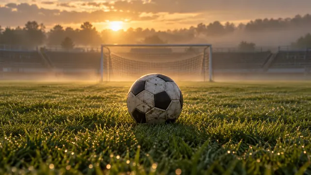 Bola de futebol parada sobre a grama de um campo vazio ao entardecer, com a trave desfocada e névoa dourada ao fundo