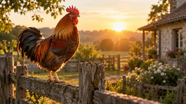 Gallo de plumas rojas y doradas sobre una cerca de madera al amanecer, con el patio de una casa de campo desenfocado al fondo
