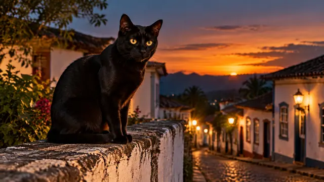Gato preto de olhos amarelos sentado no alto de um muro antigo de pedra caiada ao entardecer, com uma rua de paralelepípedos e casas coloniais desfocadas ao fundo